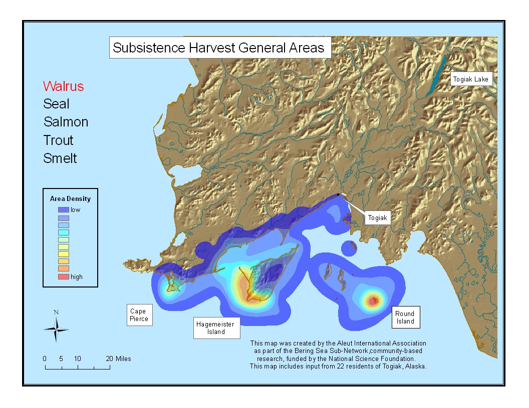 Map 1. Density analysis of walrus harvest locations used over a person’s (n=22) lifetime including Round Island 