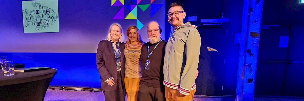 Josh Komangapik with CAFF colleagues (Inge Thaulow, former CAFF Chair; Lauren Divine, Aleut International Association; Donald McLennan, CBMP Canada) at the Ecosystems Approach conference in Tromso Norway, April 2024